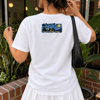 Blusa Camiseta Estampa Gatinho Noite Estrelada  Feminina 100% Algodão Fio 30.1 Penteado Básica Lisa P ao GG
