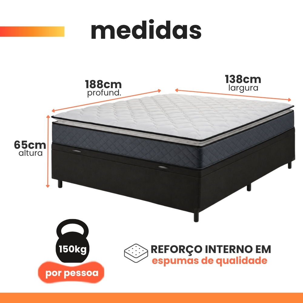 Cama Box Baú Casal Colchão Espuma D45 Pillow Top Strong 138x188x65cm Cinza/Preto Hellen - Suporta at · foto 2