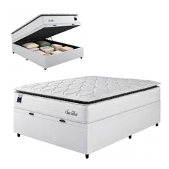 Cama Box Baú Casal Colchão Molas Ensacadas Com Pillow Sevilha 138x188x74cm Branco/Cinza Hellen