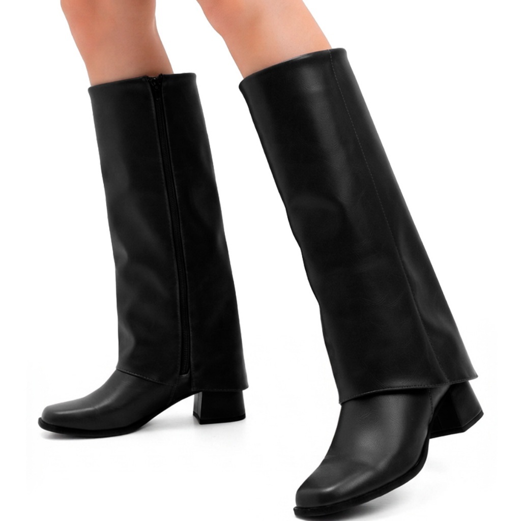 Bota Feminina Lumiss Capa Cano Alto Longo Bico Quadrado Salto Bloco Baixo Confortável — imagem 2 de 2