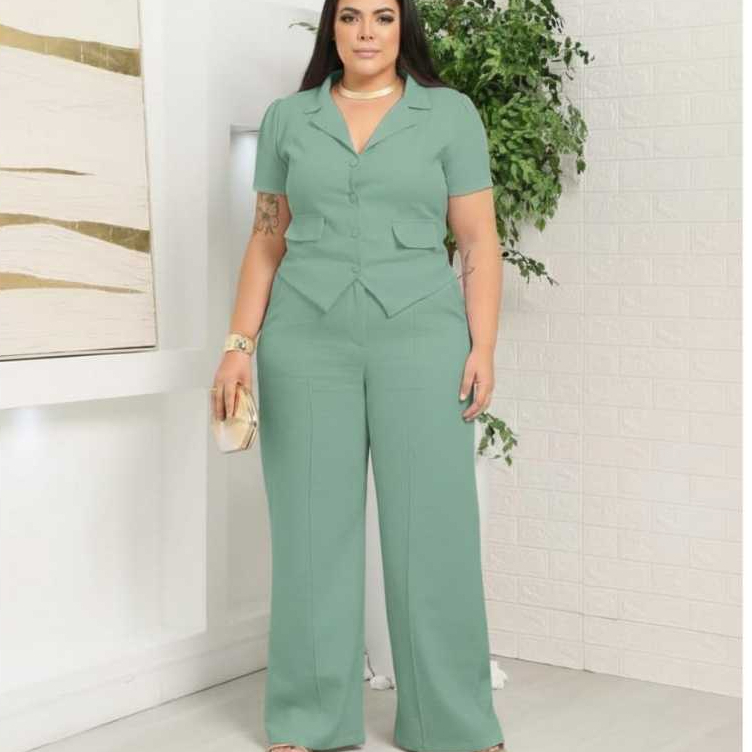 CONJUNTO ELEGANTE PLUS SIZE TECISO CEMSORIAL PANTALONA COLETE COM MANGA BOTÃO NA FRENTE TAMANHO PLUS SIZE