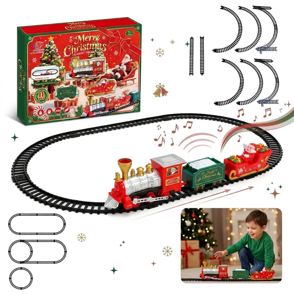 Trem de Natal Elétrico 11 Peças com Trilhos Som e Movimento Automático Papai Noel Decoração Natalina