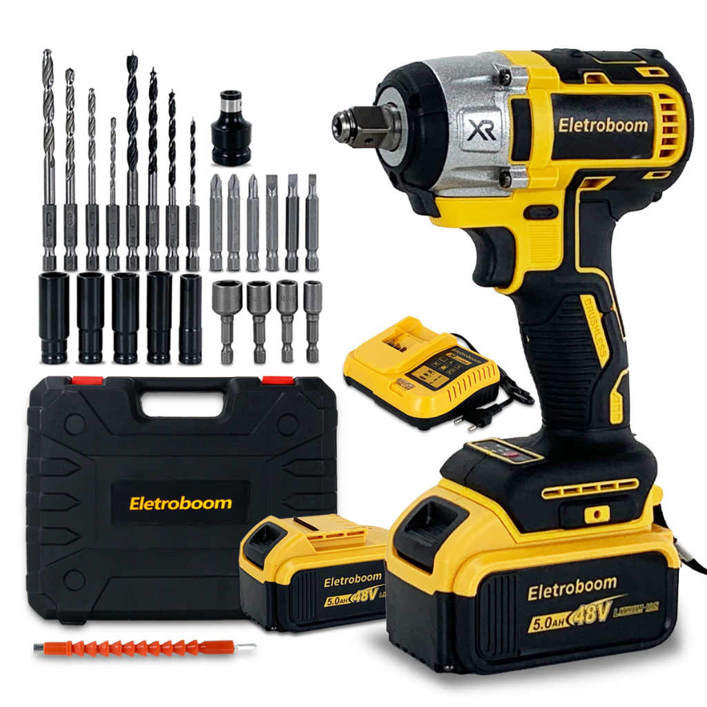 Kit Parafusadeira Furadeira 48V + Chave de Impacto Sem Fio 2 Baterias Recarregáveis Profissional Completo