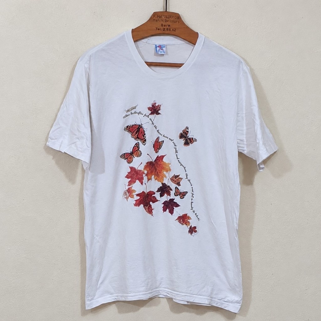 Camiseta Vintage Anos 2000 Borboletas Folhas Outono Branca Algodão Unissex Tam G