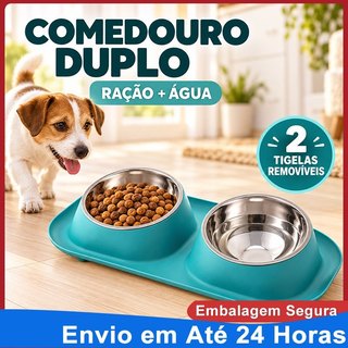Comedouro Bebedouro Duplo 2 em 1 para Cães e Gatos 2 Tigelas Inox Removíveis 400ml