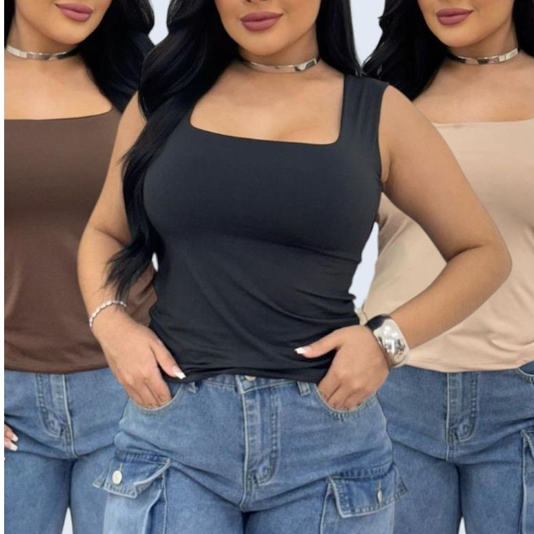 Regata Feminina Decote Quadrado Suplex Premium Alça Larga Blusa Básica Blogueira Verão Tendência Lisa Elegante