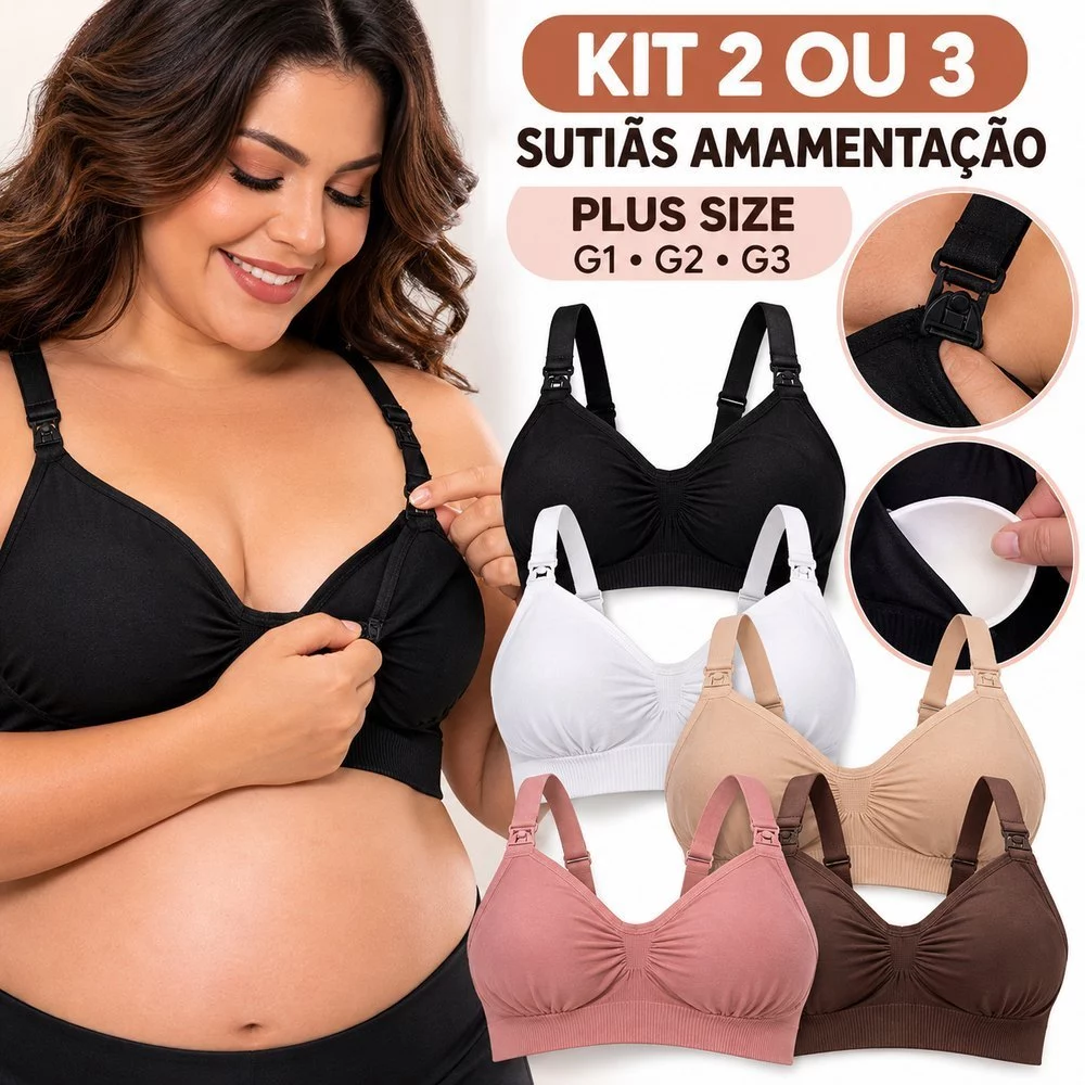Kit 2 ou 3 Sutiãs Amamentação Plus Size G1 G2 G3 Gestante Pós Parto com Abertura Bojo Removível