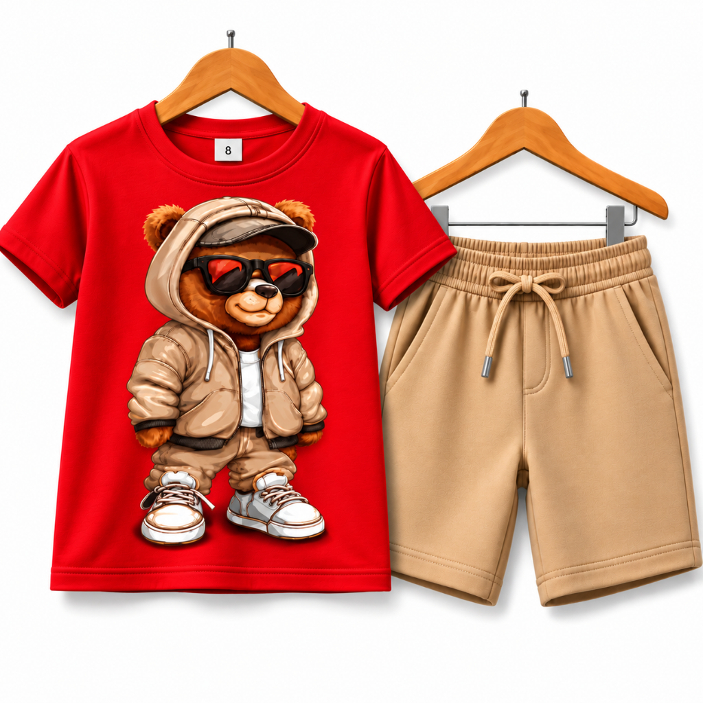 Conjunto Infantil Masculino Menino Camiseta Algodão Estampada Urso Bermuda Moletinho Verão Kids