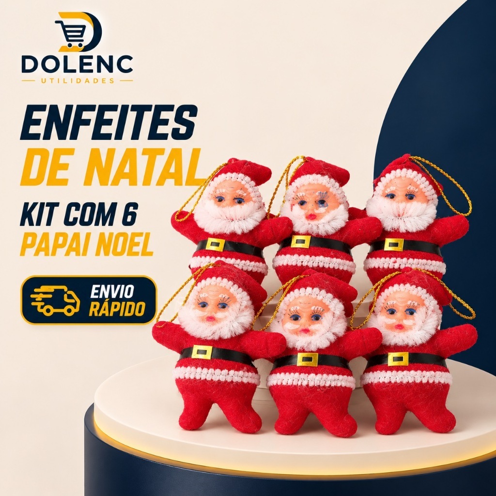 Kit 6 Enfeites Papai Noel para Árvore de Natal com Cordão para Pendurar