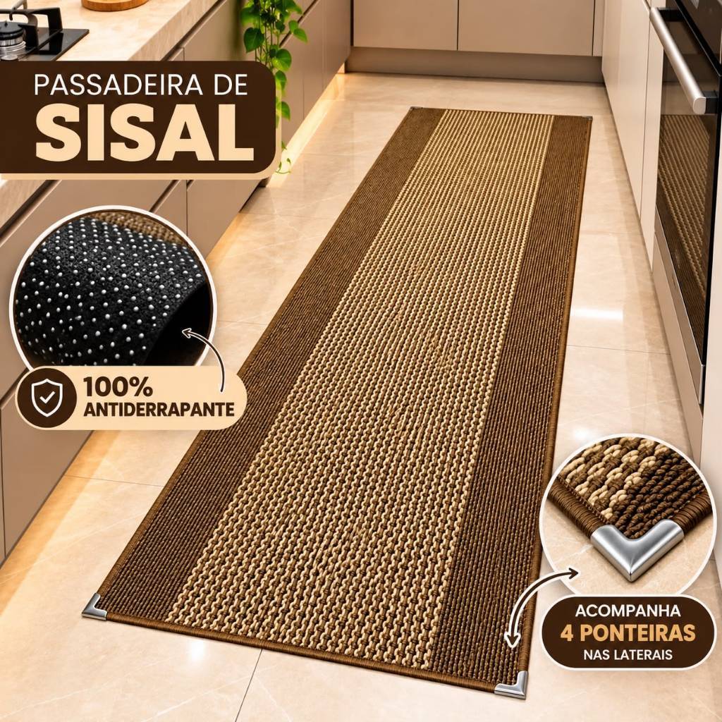 Passadeira Sisal 2,50 x 0,66cm (Com Ponteira, antiderrapante, Para Quartos Cozinha Corredores)