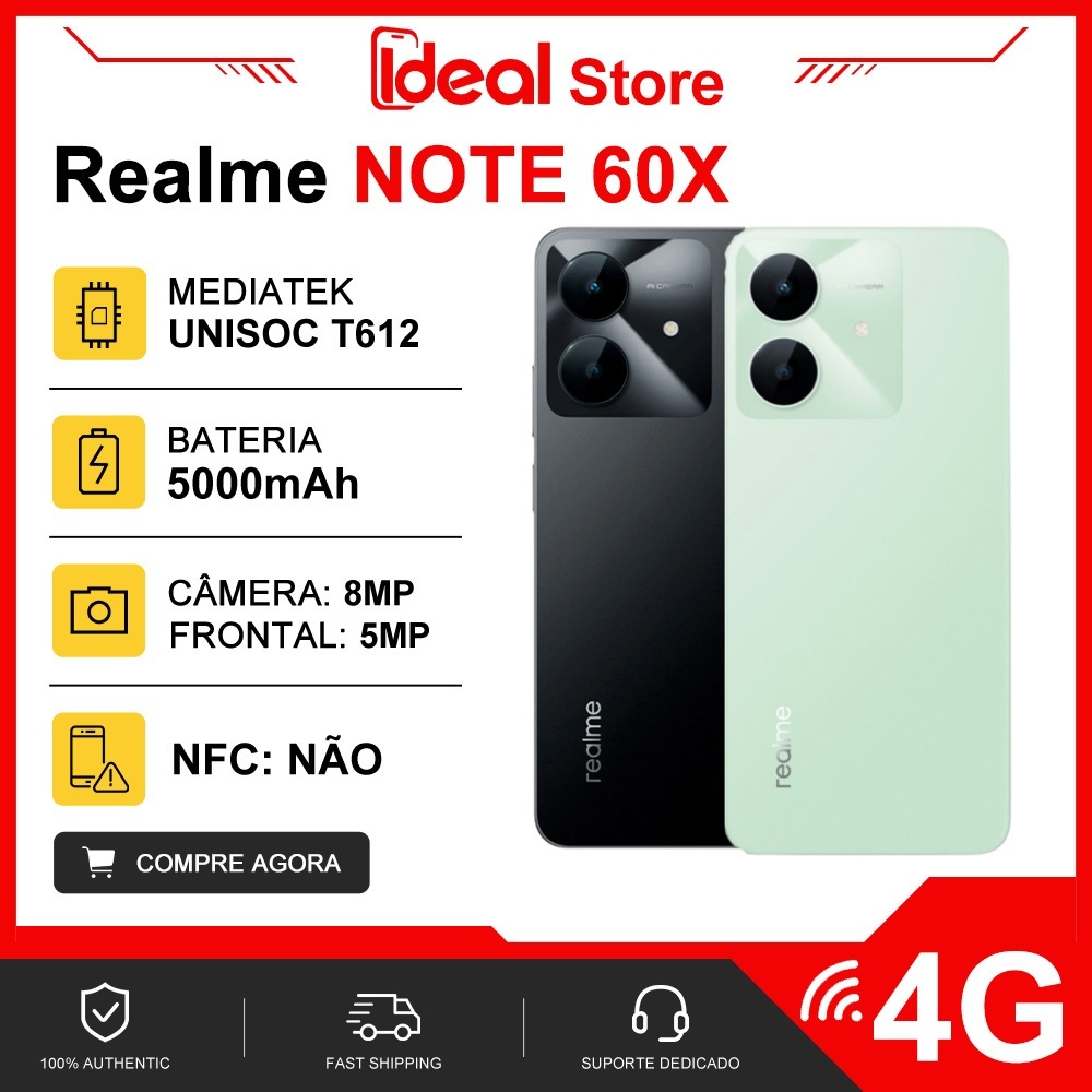 Realme Note 60X 4G, Memória 64GB/3GB RAM, Processador Octacore Unisoc T612, Bateria 5000Mah, Versão Global