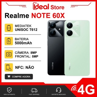 Realme Note 60X 4G, Memória 64GB/3GB RAM, Processador Octacore Unisoc T612, Bateria 5000Mah, Versão Global
