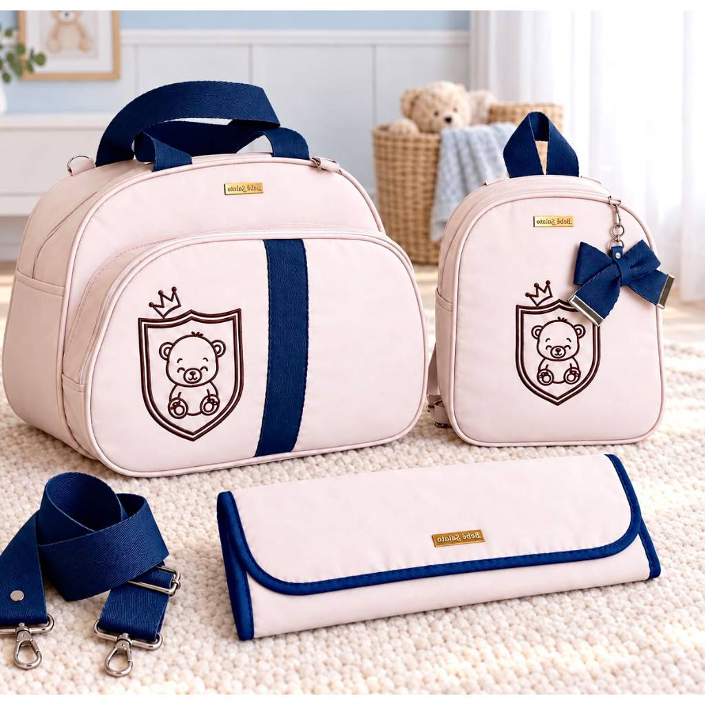 Kit Bolsa de Maternidade 3 Peças Térmica Ursinho Com Mochila E Trocador Impermeável