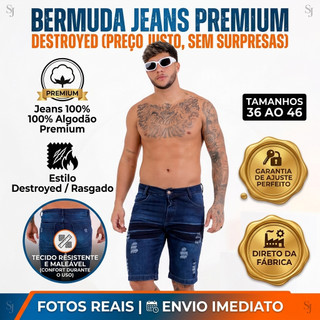 Bermuda Jeans Masculina Destroyed Azul Escura Rasgada 100% Algodao 36 Ao 46