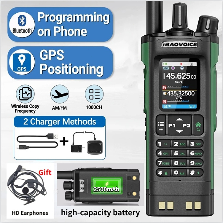 iBAOVOICE UV-32 Walkie Talkie 10W rádio banda dupla GPS Bluetooth, bateria 2500mAh, carregamento USB-C com fone brinde