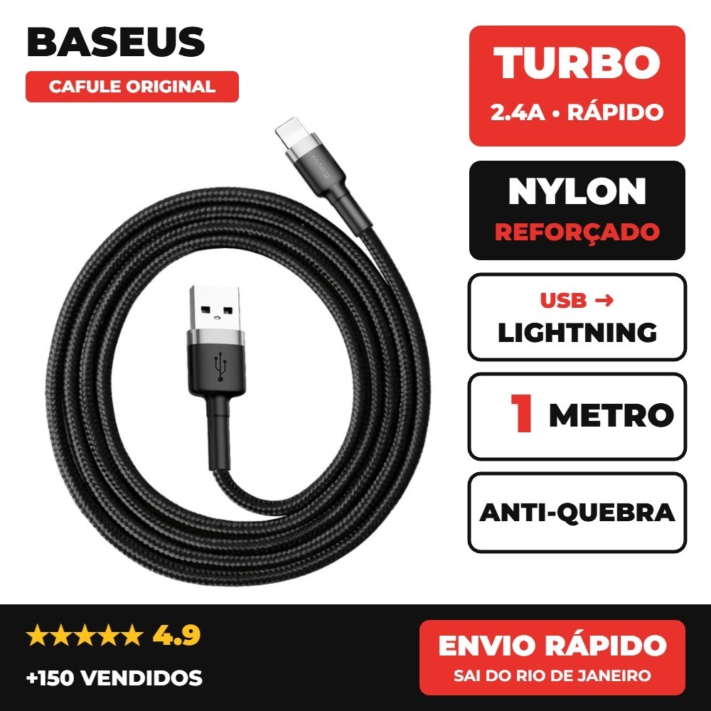Cabo Baseus Cafule USB para Lightning 2.4A 1m Nylon Trançado Reforçado Carregamento Rápido Original