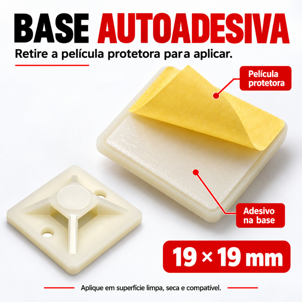 Kit 100 Fixadores Autoadesivos 19x19mm Base para Abraçadeiras Organização de Fios e Cabos — imagem 2 de 2