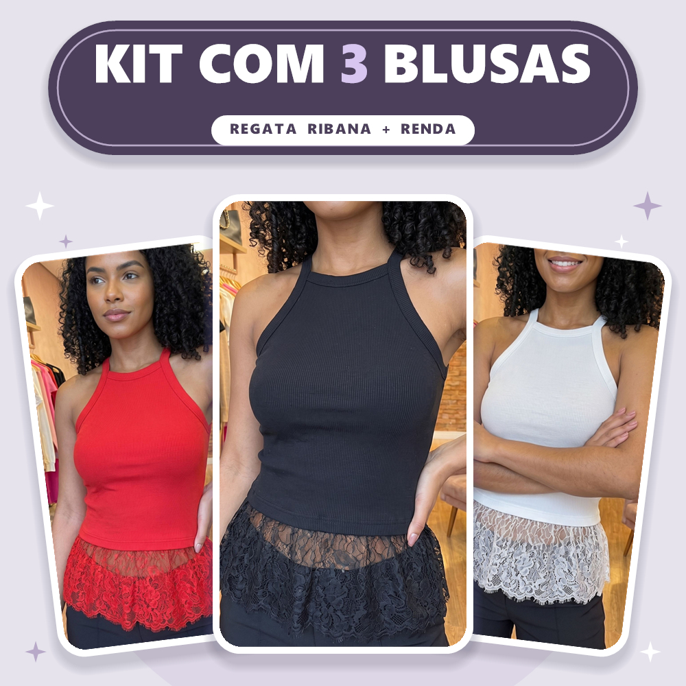 Kit 3 Cropped Canelado Feminino com Renda na Barra Regatinha Halter Babado Blusinha Verão Casual Tendência Passeio