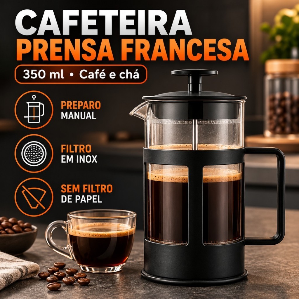 Cafeteira Prensa Francesa 350ml Vidro com Filtro para Café e Chá MO-AK-55