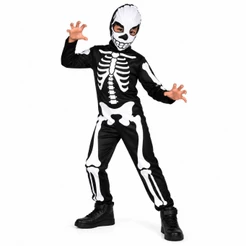 Fantasia Caveira Infantil de Halloween Esqueleto Longo Com Gorro