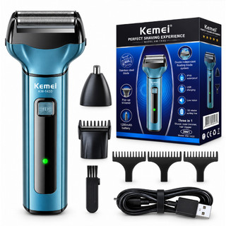 Barbeador Elétrico 3 em 1 Profissional Kemei 1433 Bivolt 110v 220v Portátil sem fio KM 1433
