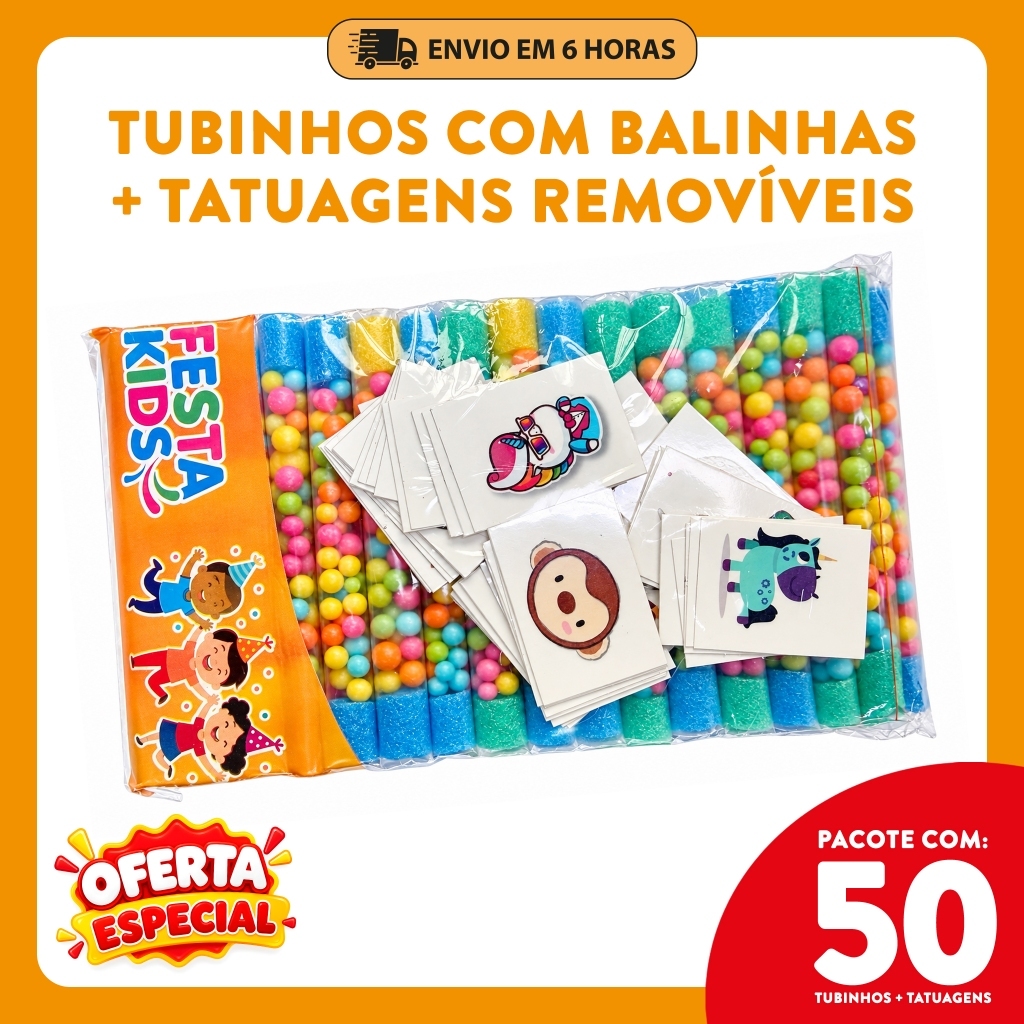 Kit 50 Tubinhos com Balinha + Tatuagem Removível – Lembrancinha para Festa Infantil, Aniversário, Brinde, Revenda