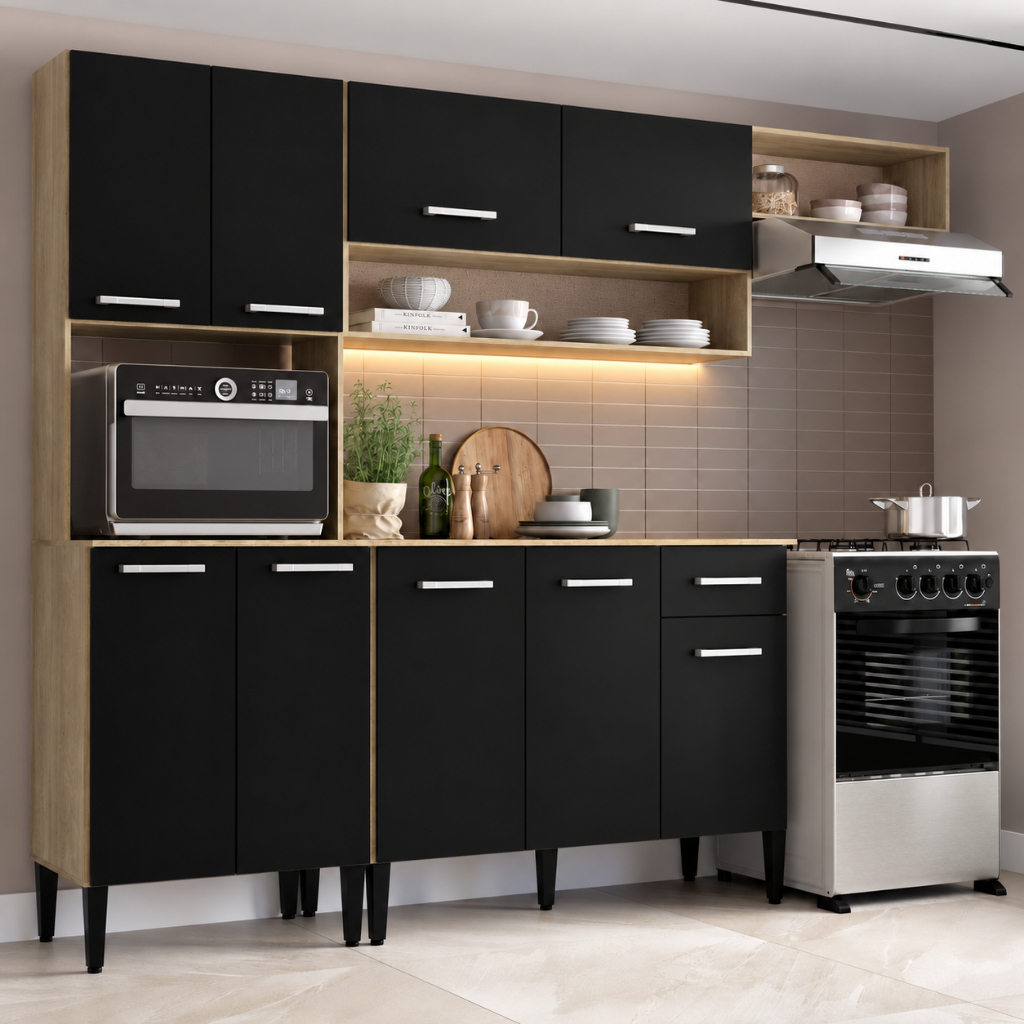 Armário Cozinha Compacta Arizona Smart Carvalho/Preto Carraro