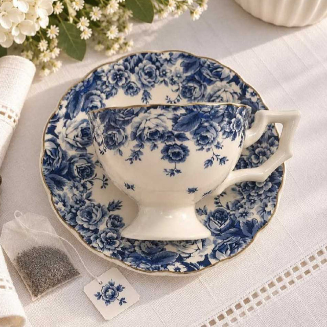 Xícara de Chá com Pires em Cerâmica floral azul 240ml Vintage Provençal mesa Posta