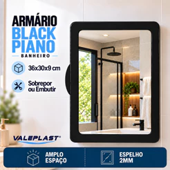 Armário Banheiro Plástico Espelheira Espelho Vidro 2mm I Sobrepor ou Embutir Bucha Vidro Moldura Preto Black Piano
