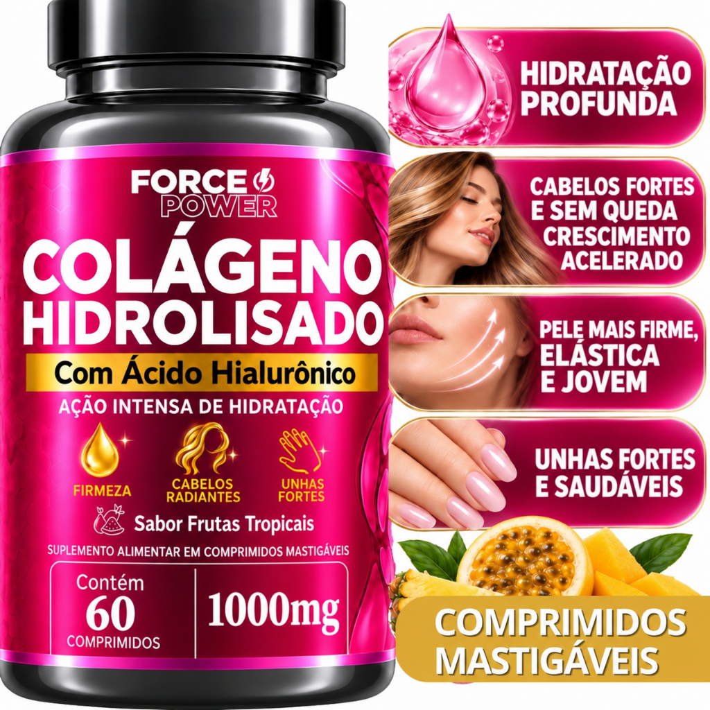 Colágeno Hidrolisado com Ácido Hialurônico UNHA PELE CABELO 60 Comprimidos - POTE PARA 30 DIAS USO