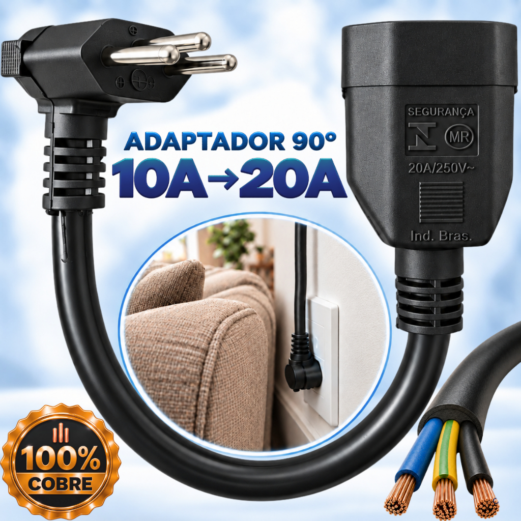 Adaptador De Tomada Fêmea 20a 3 pinos Para Macho 10a 3 pinos 90 Graus Bivolt Lef 127/220v