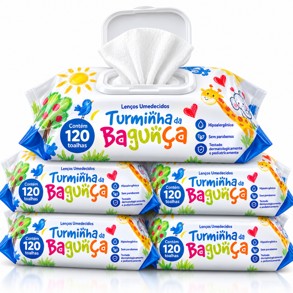 Kit 5 Toalhas Umedecidas Turminha da Bagunça 120 Folhas com Tampa Lenço Umedecido