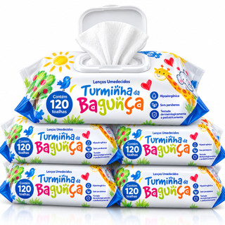 Kit 5 Toalhas Umedecidas Turminha da Bagunça 120 Folhas com Tampa Lenço Umedecido