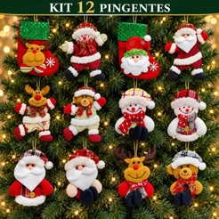 Kit 10/12 Pendentes Pelúcia Enfeite Árvore Natal Pingentes Papai Noel Grande 16cm Decoração LuvinCo
