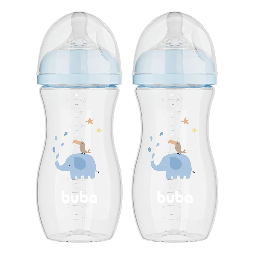 KIT C/ 2 MAMADEIRAS EASY FLOW ELEFANTE AZUL 330ML +4 MESES - BUBA