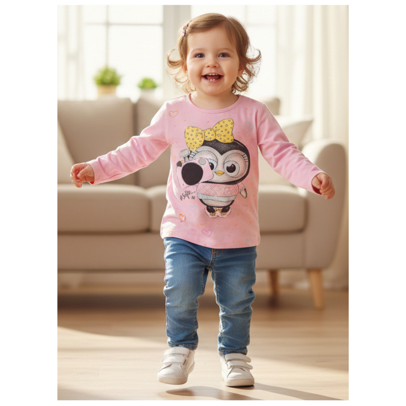 blusa infantil menina manga longa estampa divertida pinguim 100% algodão macia tamanho 1 e 2 anos