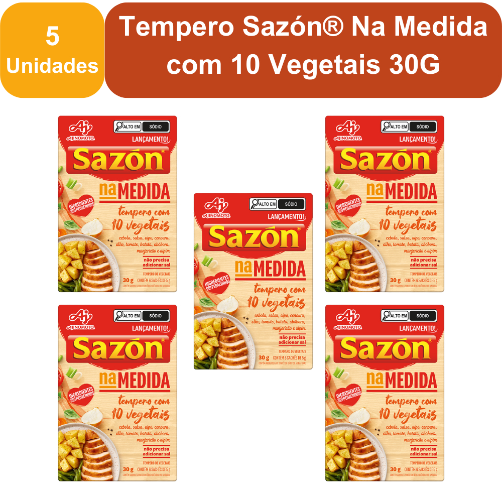 Kit 5 Unidades Tempero Sazón® Na Medida com 10 Vegetais 30G