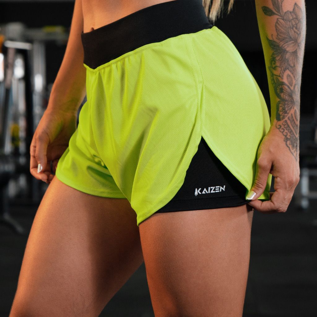 Shorts compressão 2 em 1 feminino para academia, caminhadas, corrida, treino, praia, beach Kaizen