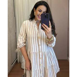 Vestido Feminino Modelo Bata Listrado Com Botões