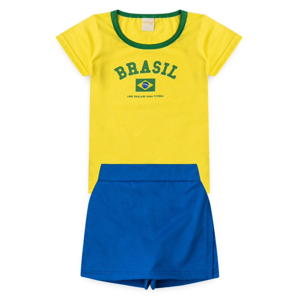 Conjunto Brasil Infantil Menina Blusa Amarela e Shorts Saia Azul Copa do Mundo