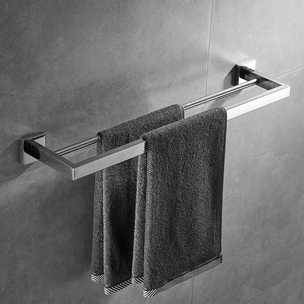 Porta Toalha Duplo 40cm Aço Inox Quadrado Luxo – Suporte Toalheiro de Parede Ouro Polido ou Prata em Oferta na Shopee