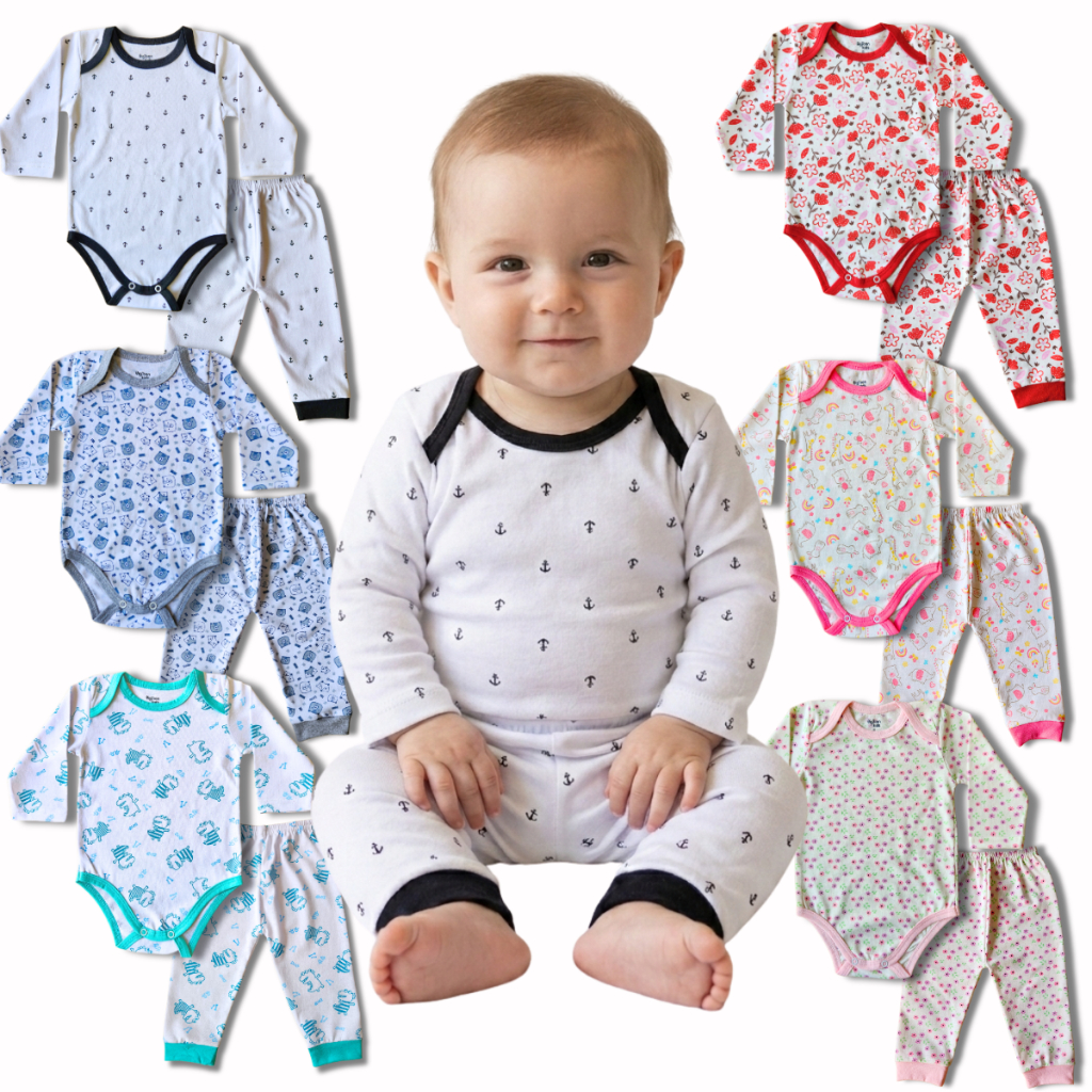 Conjunto Body Manga Longa e Calça Malha Estampado Para Bebê