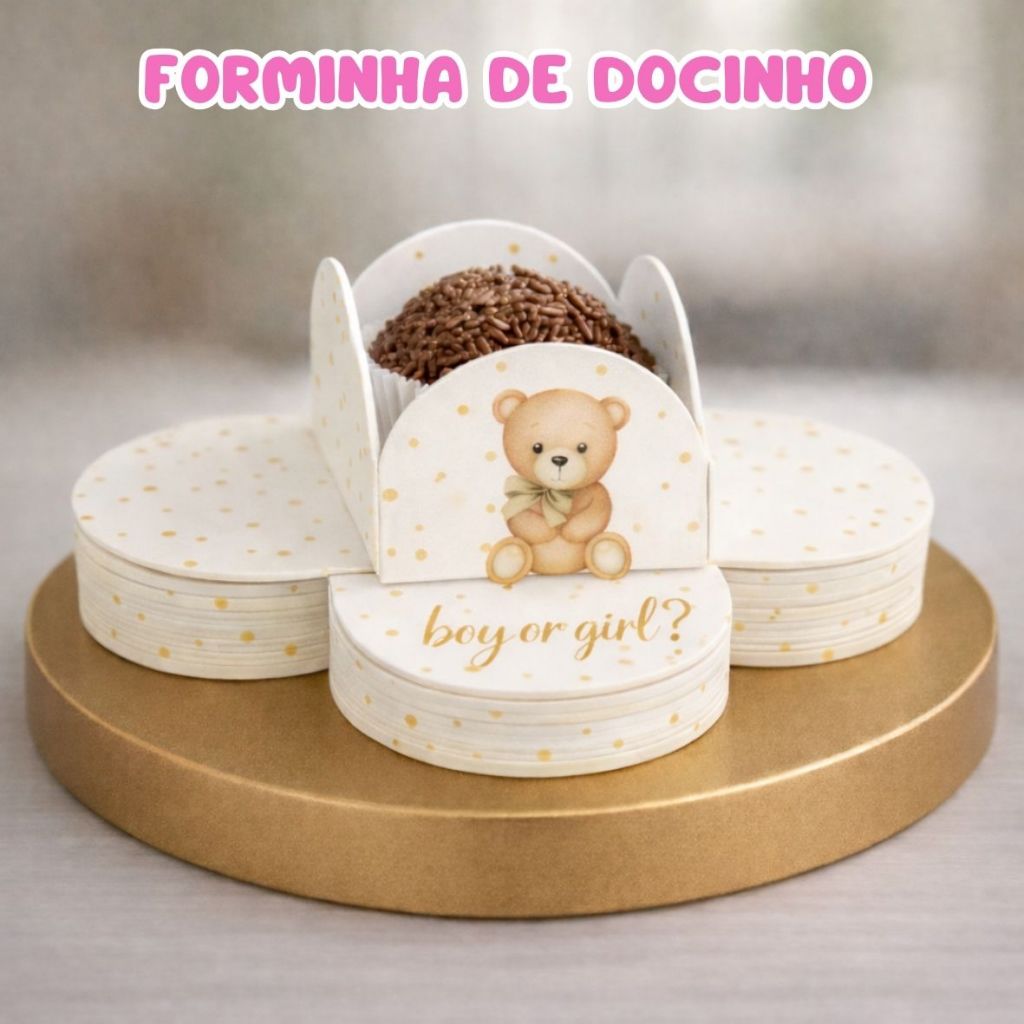KIT COM 50 FORMINHAS DE DOCINHO PERSONALIZADA CHÁ REVELAÇÃO URSINHO - CHÁ DE BEBÊ