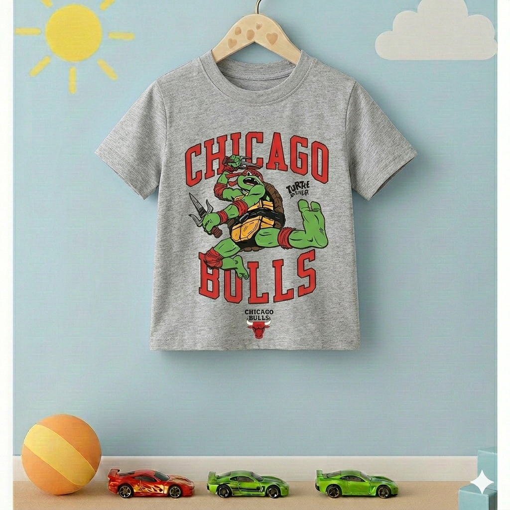 Camiseta Infantil NBA Chicago Bulls As Tartarugas Ninja Rafael  - Pizza – Camisa Estampa Personagens
