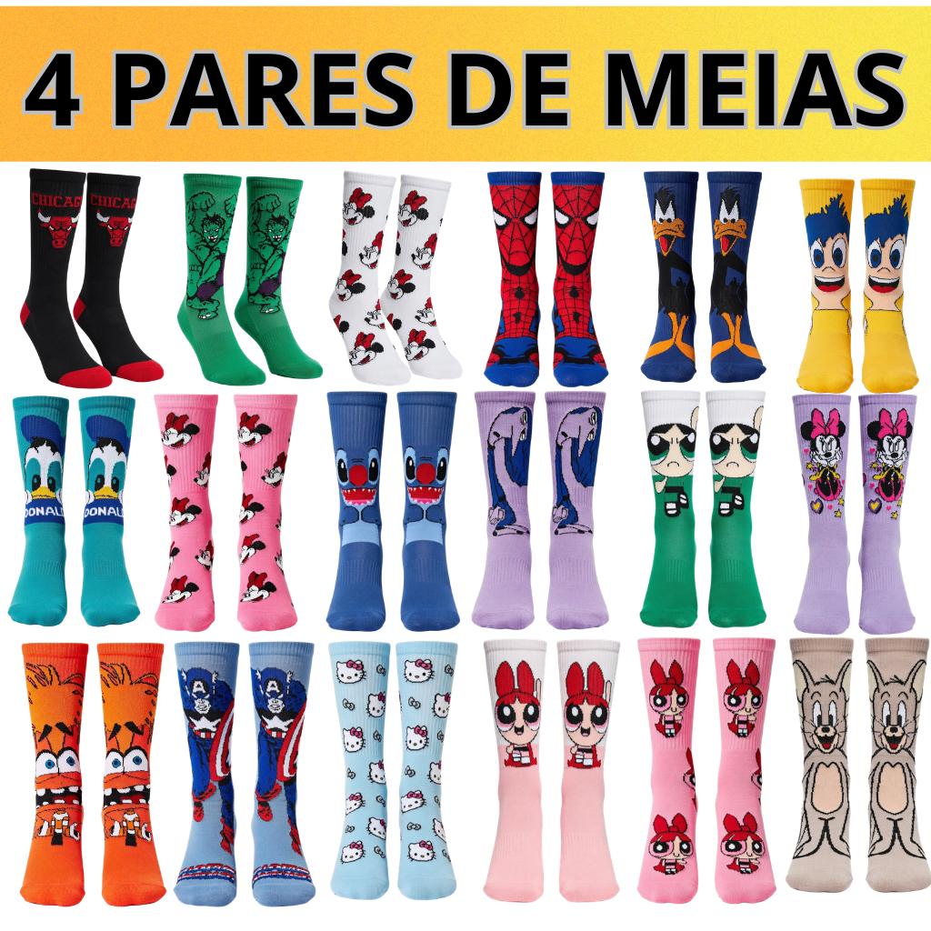 KIT 4 PARES DE MEIAS DIVERTIDAS | PERSONAGENS | ADULTO- | ATÉ PANTURRILHA💥ALGODÃO-CONFORTO