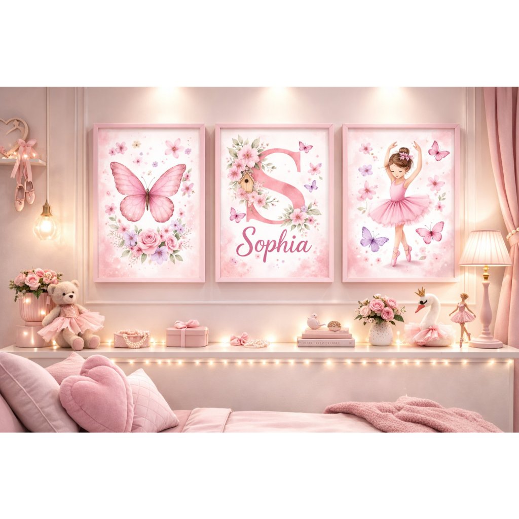 Kit 3 Quadros Decorativos Borboletas Rosa Luxo para Sala Quarto menina bailarina Nome Personalizável