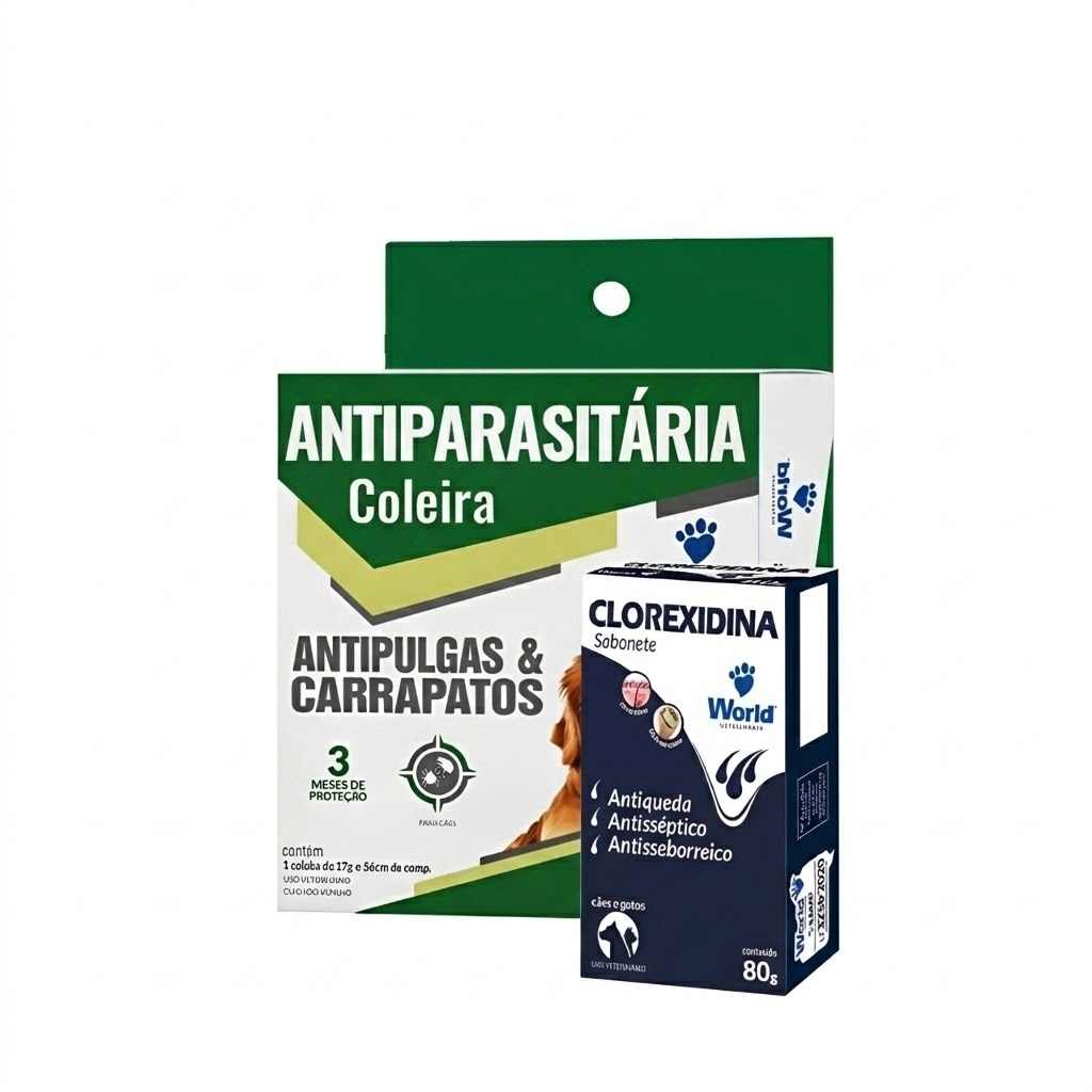 Kit Sabonete Clorexidina Dug's + Coleira Antiparasitária World Cães em Oferta na Shopee