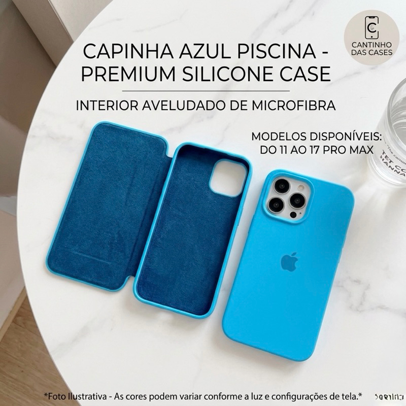 Capa Case capinha cor azul piscina Premium silicone case aveludada dentro iPhone 5SE 11 12 13 14 15 ao 16 PRO MAX