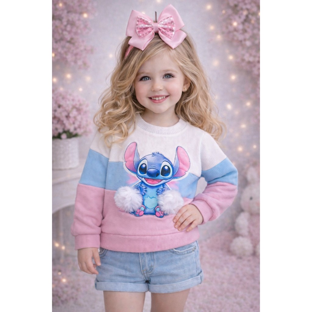 blusa infantil menina,  blusa tricolor, roupa infantil feminina, blusa stitch, roupa menina, blusa manga longa infantil