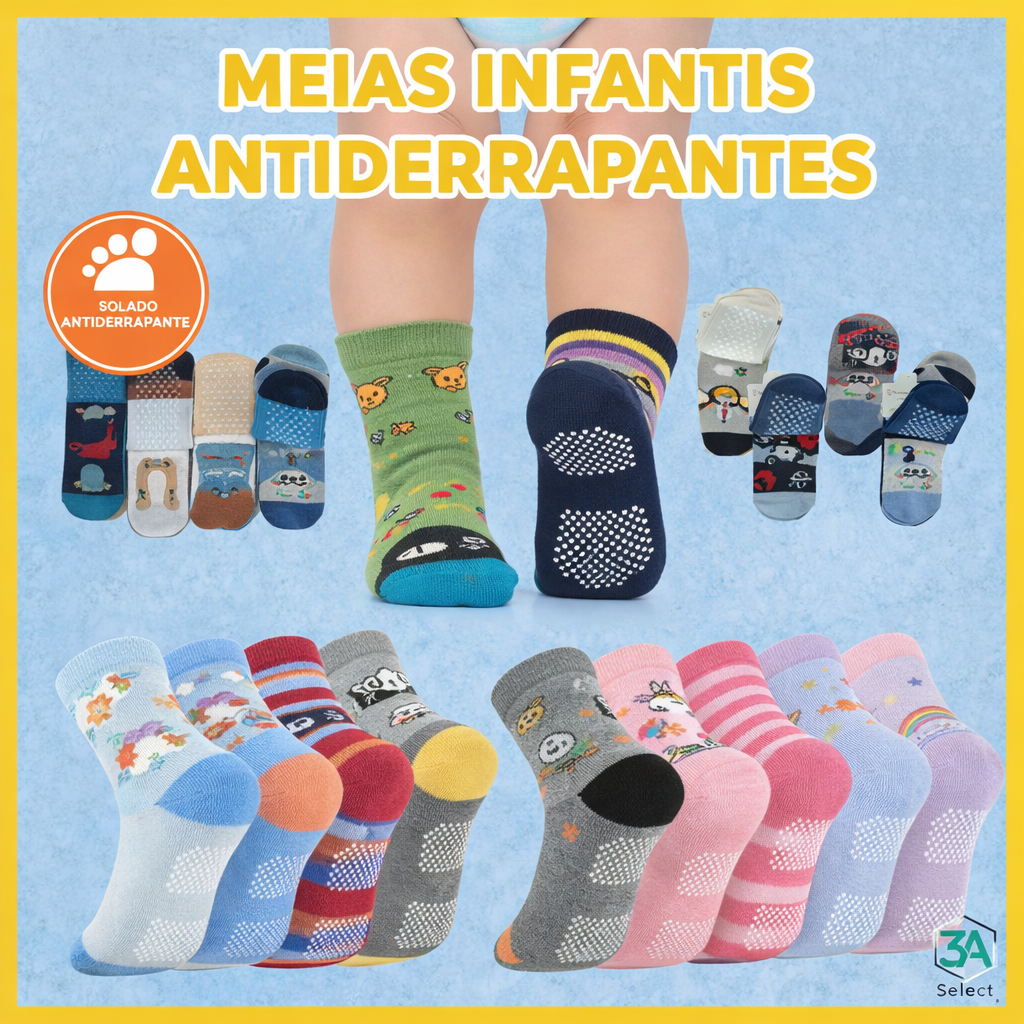 Kit 12 Pares Meias Infantil Menino Bebê Criança Estampada Antiderrapante Promoção